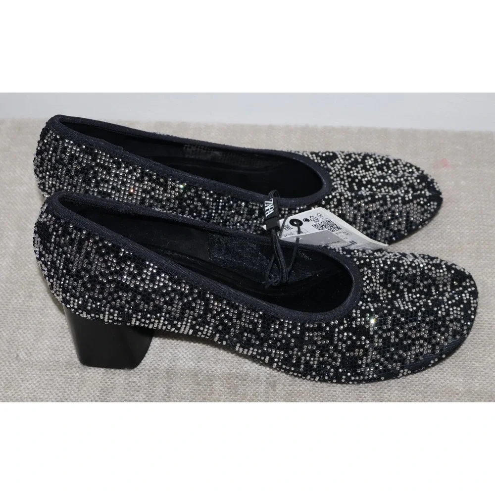 ZARA WOMEN SHOES SIZE 8/39 BLACK SLIVER RHINESTONES‎ SPARKLES